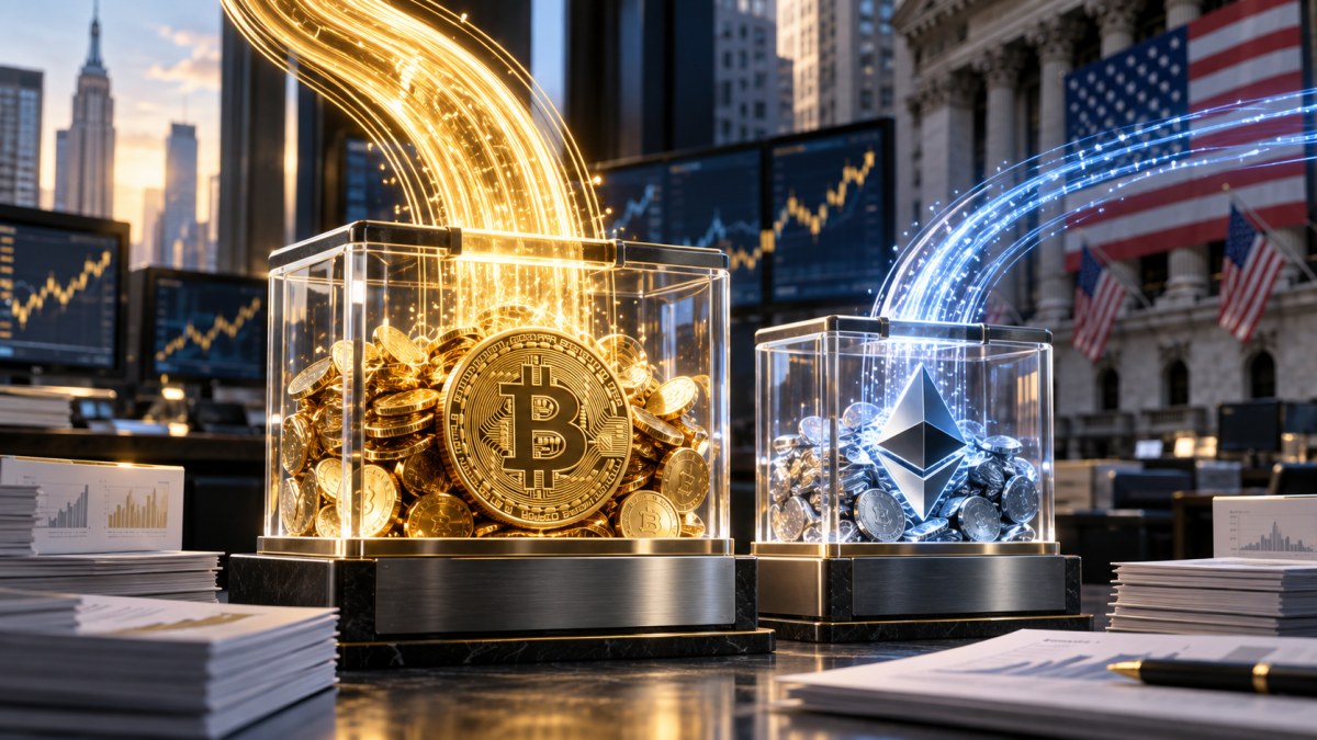 AI-generated conceptual illustration of gold Bitcoin and blue Ether capital streams flowing into transparent institutional fund structures near Wall Street.