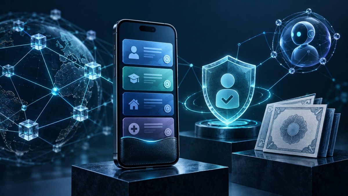 AI-generated editorial illustration of a secure digital credential wallet, decentralized network, verified identity shield and tokenized corporate shares.