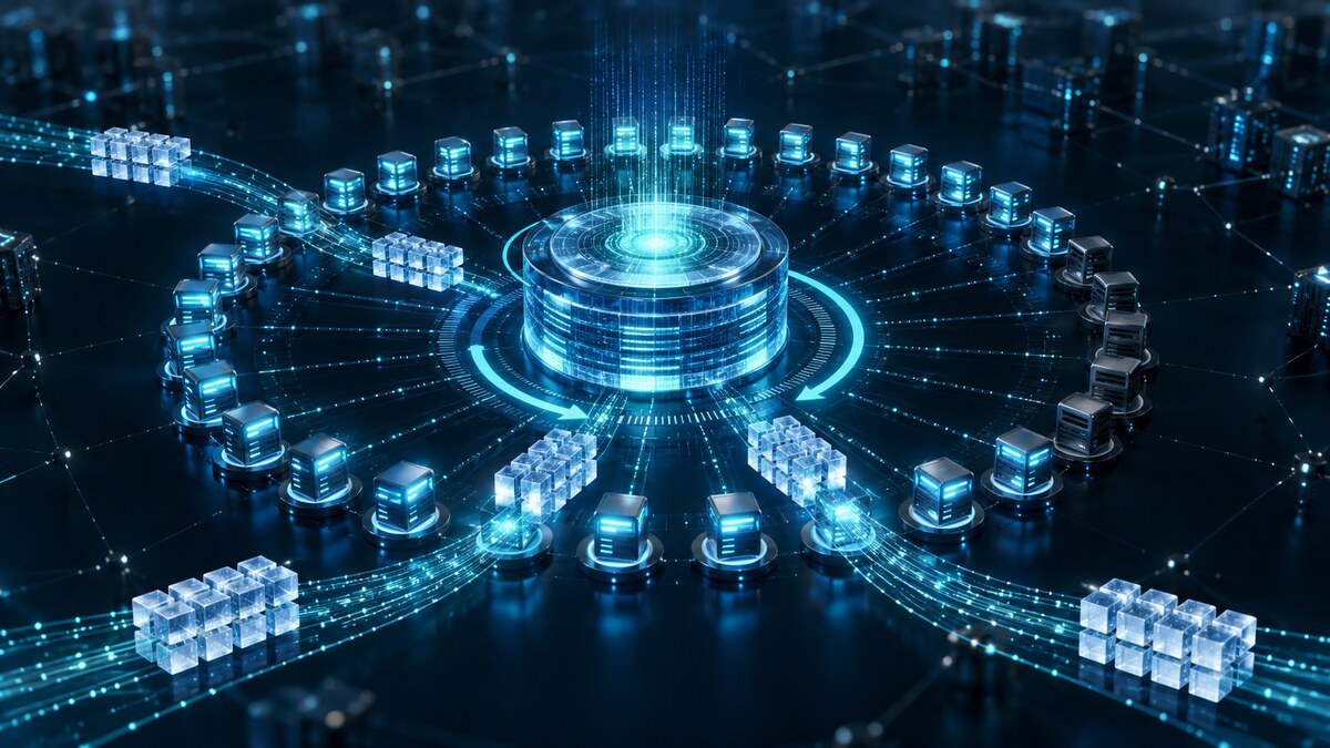 A distributed validator network resets an activation countdown as grouped transaction blocks enter a shared ledger