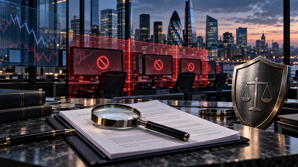 AI-generated editorial image of a London financial regulator reviewing CFD trading firms behind a compliance barrier