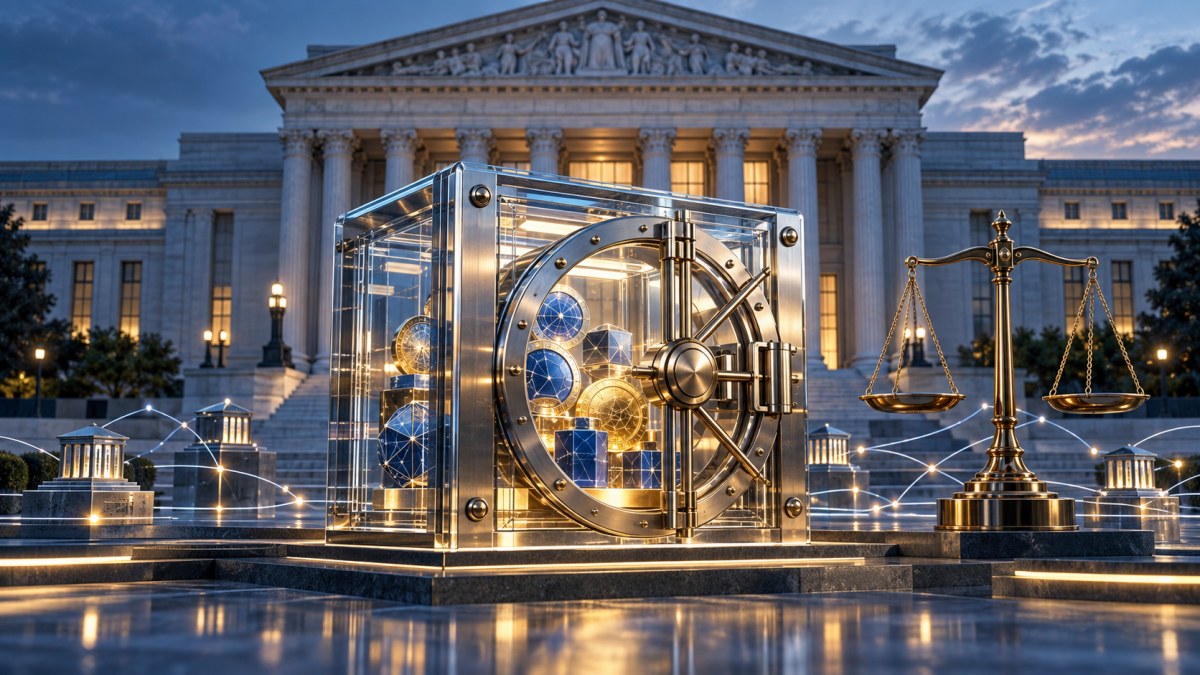 Conceptual image of a secure digital-asset vault and legal scales outside a U.S. regulatory building