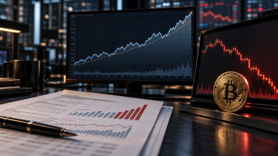 AI-generated conceptual illustration of an inflation report between a rising Treasury-yield chart and a falling Bitcoin market display.