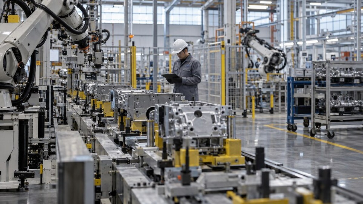 AI-generated conceptual image of an idle automated factory line with a worker reviewing production conditions.