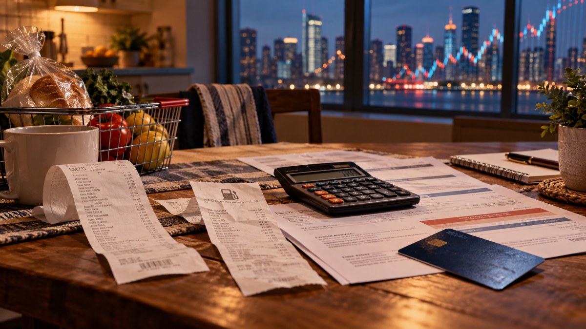 AI-generated conceptual image of groceries, bills, receipts and a calculator on a household table against a distant city skyline.