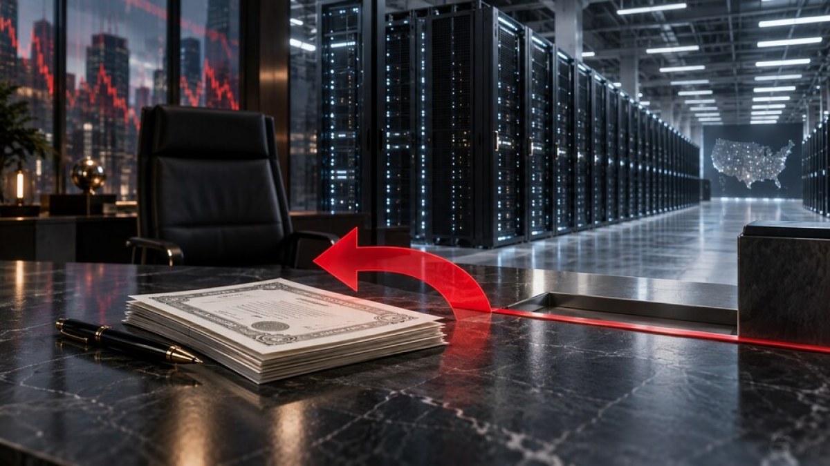AI-generated illustration of share certificates pulled back from a transaction beside a U.S. data center