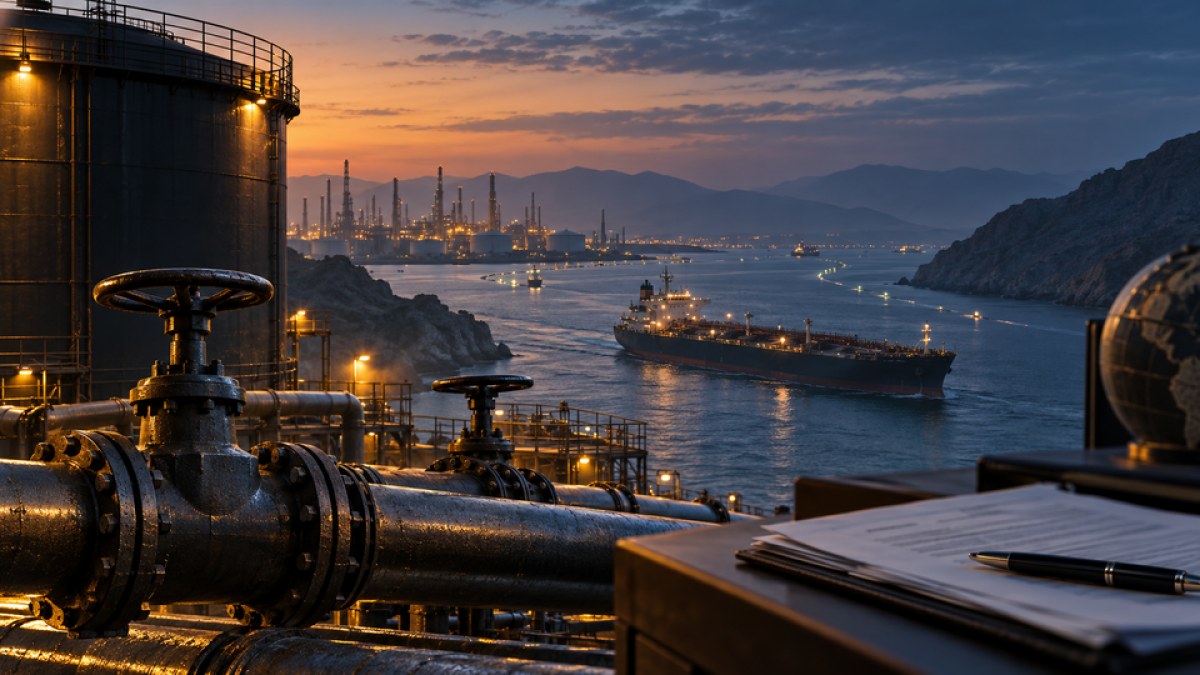 Conceptual editorial image of oil infrastructure, a Strait of Hormuz shipping route and U.S. policy documents