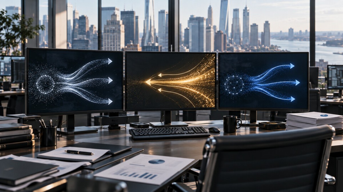 AI-generated editorial image of institutional fund-flow screens showing capital moving in opposite directions across crypto investment products.