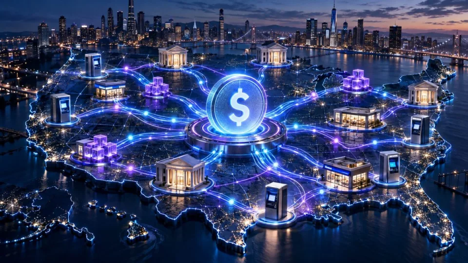 AI-generated conceptual illustration of digital dollars moving among banks, retail access points and blockchain rails across the United States.