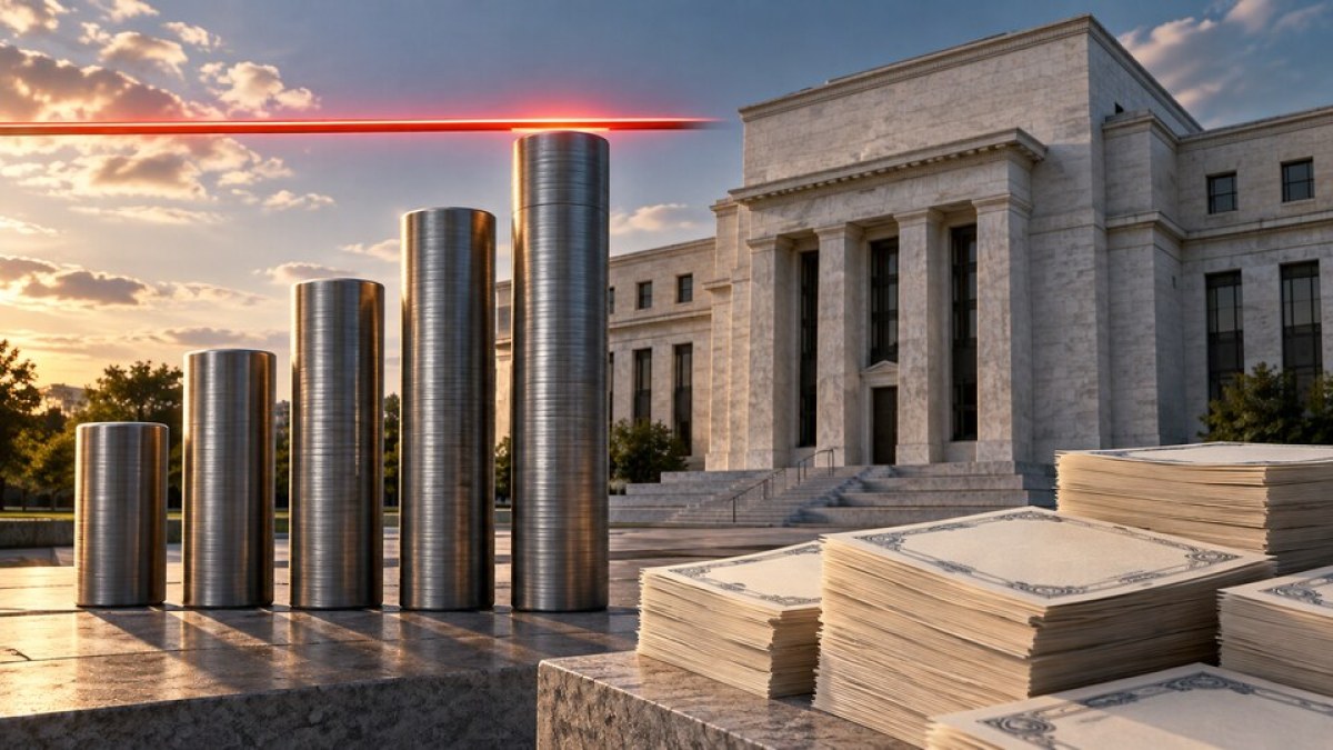AI-generated illustration of rising bond pillars approaching a threshold outside a central-bank building