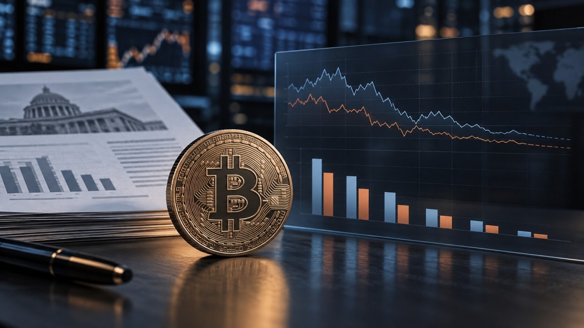 AI-generated editorial illustration of a Bitcoin coin beside shrinking long and short futures bars and regulatory market data