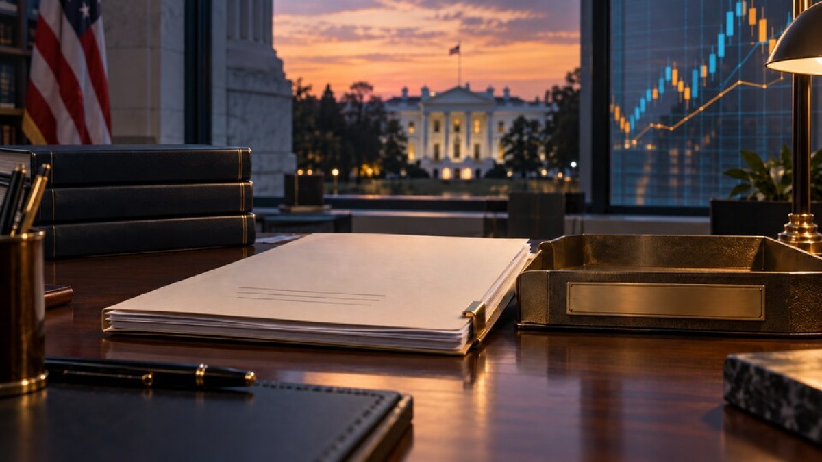 AI-generated conceptual image of an unsigned regulatory file on a Washington office desk with digital market charts in the background.