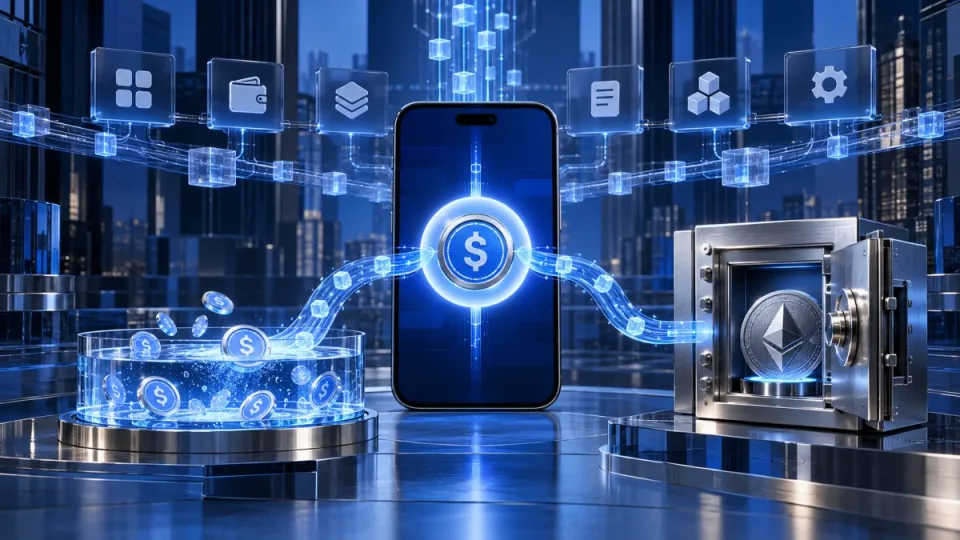 AI-generated conceptual illustration of an app routing stablecoin deposits toward DeFi yield markets and a crypto-secured loan vault.