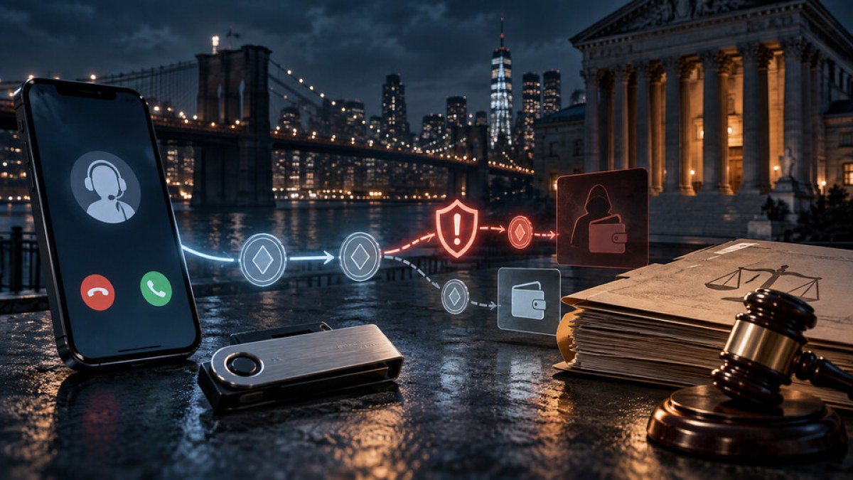 Conceptual illustration of a deceptive support call redirecting cryptocurrency toward a fraudulent wallet beside a courthouse and judge's gavel