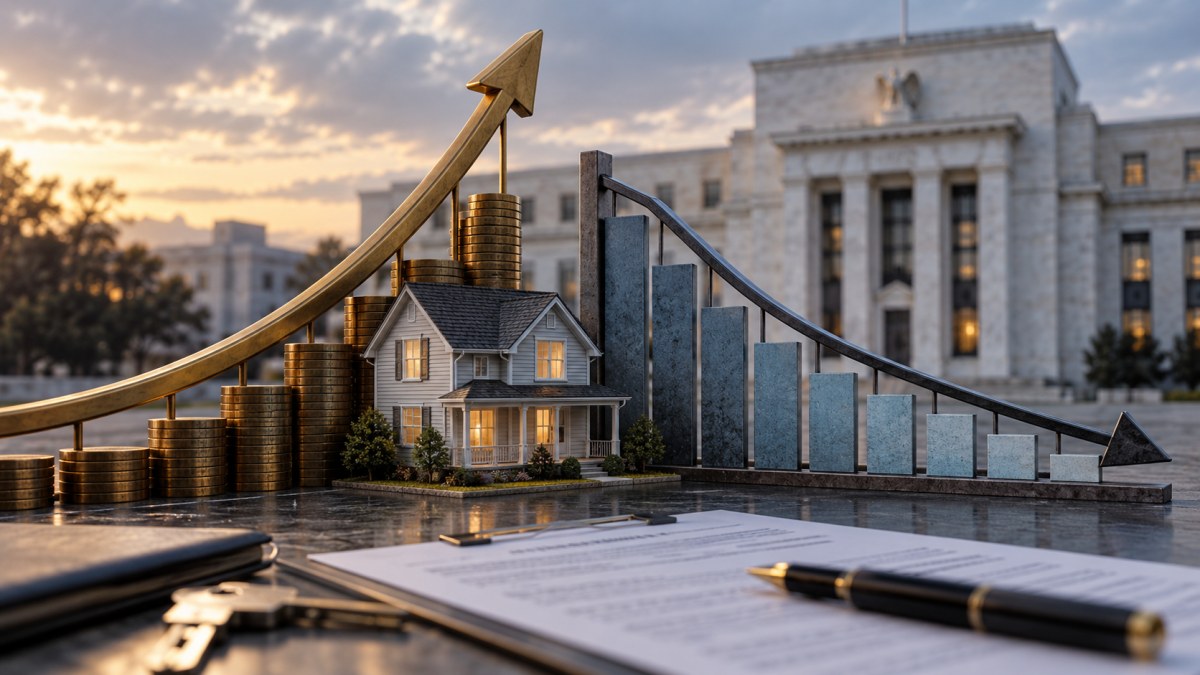 Conceptual image of a model American home between a rising brass interest-rate curve and a falling affordability chart outside a central-bank-style building