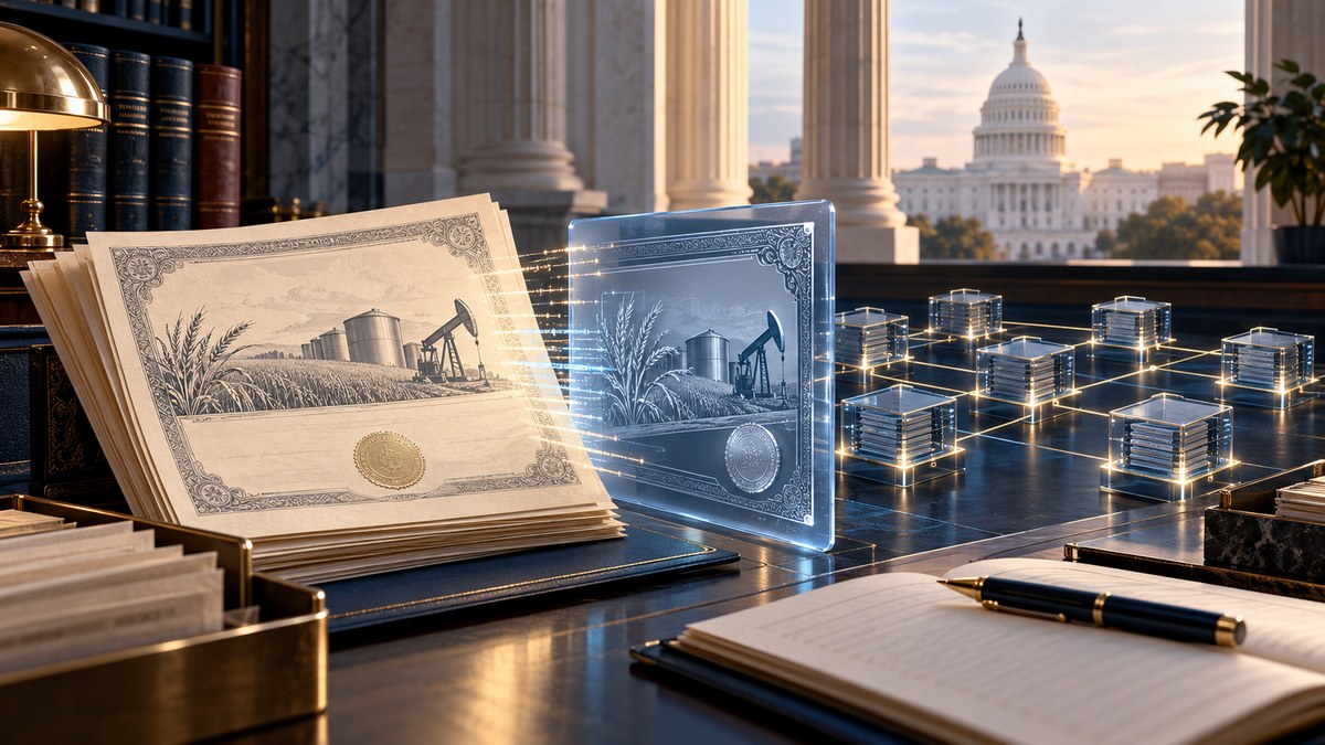 AI-generated conceptual compliance desk with commodity certificates becoming digital ledger records