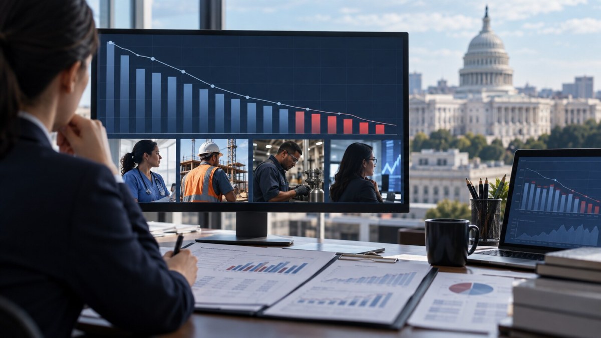 Labor-market analyst reviews a declining hiring chart alongside scenes of health care, construction, manufacturing and finance workers