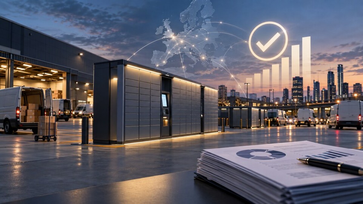 AI-generated editorial image of a European parcel-locker network and logistics hub reaching a financial milestone.