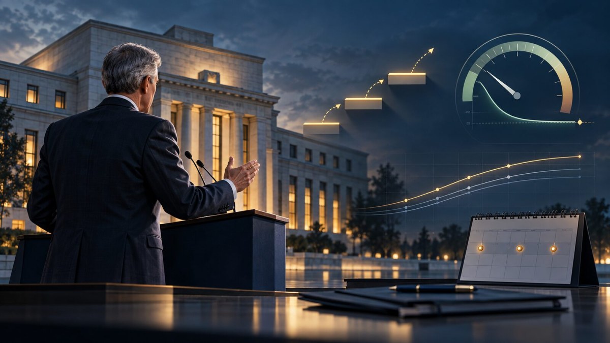 AI-generated editorial illustration of a Federal Reserve policy speech, spaced rate steps, an inflation gauge and a meeting calendar.