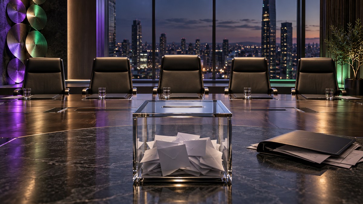AI-generated conceptual boardroom with five empty chairs, a ballot box and a rejected compensation folder