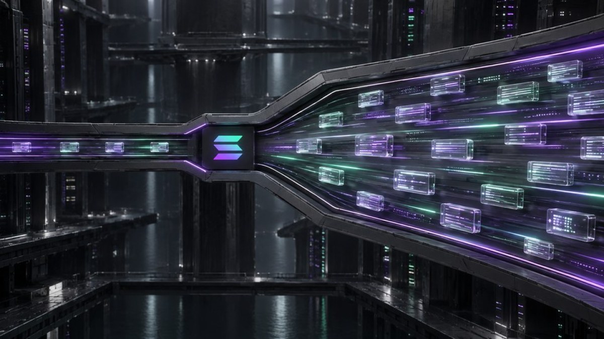 AI-generated editorial illustration of a Solana-marked data lane widening to carry larger transaction packets.