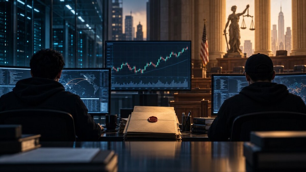 Conceptual editorial image of two anonymous engineers, market screens and a scales-of-justice motif
