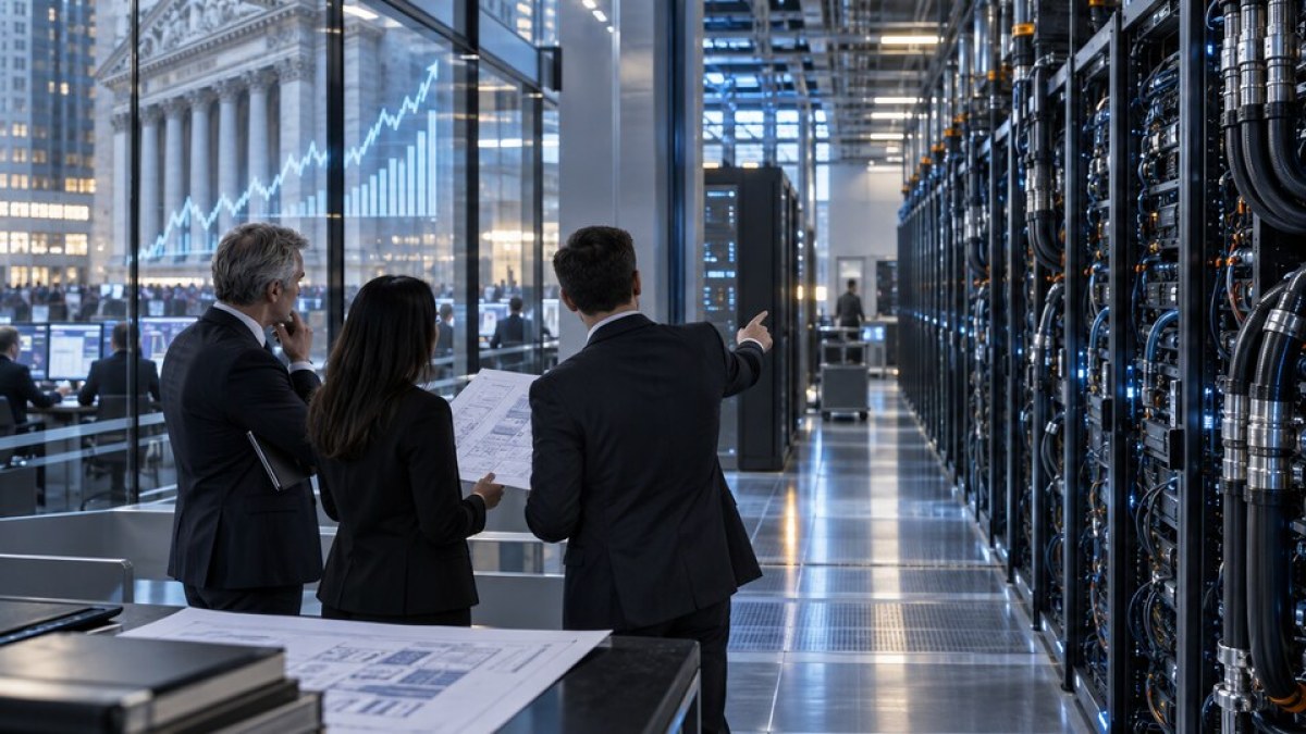 AI-generated editorial image of investors reviewing plans beside liquid-cooled data-center infrastructure near a stock exchange.