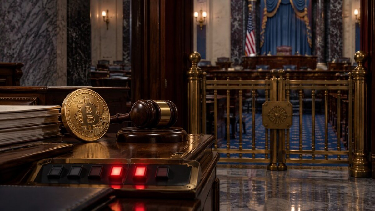 Conceptual editorial image of a Bitcoin coin and gavel before a closed gate in the U.S. Senate chamber