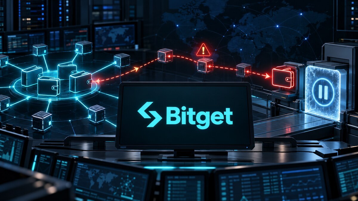 Conceptual editorial image of Bitget wallet systems under a security alert with withdrawals paused
