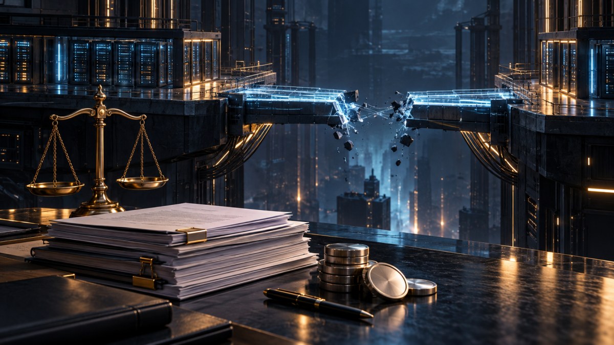 Conceptual illustration of fractured cross-chain infrastructure beside court filings and balanced justice scales