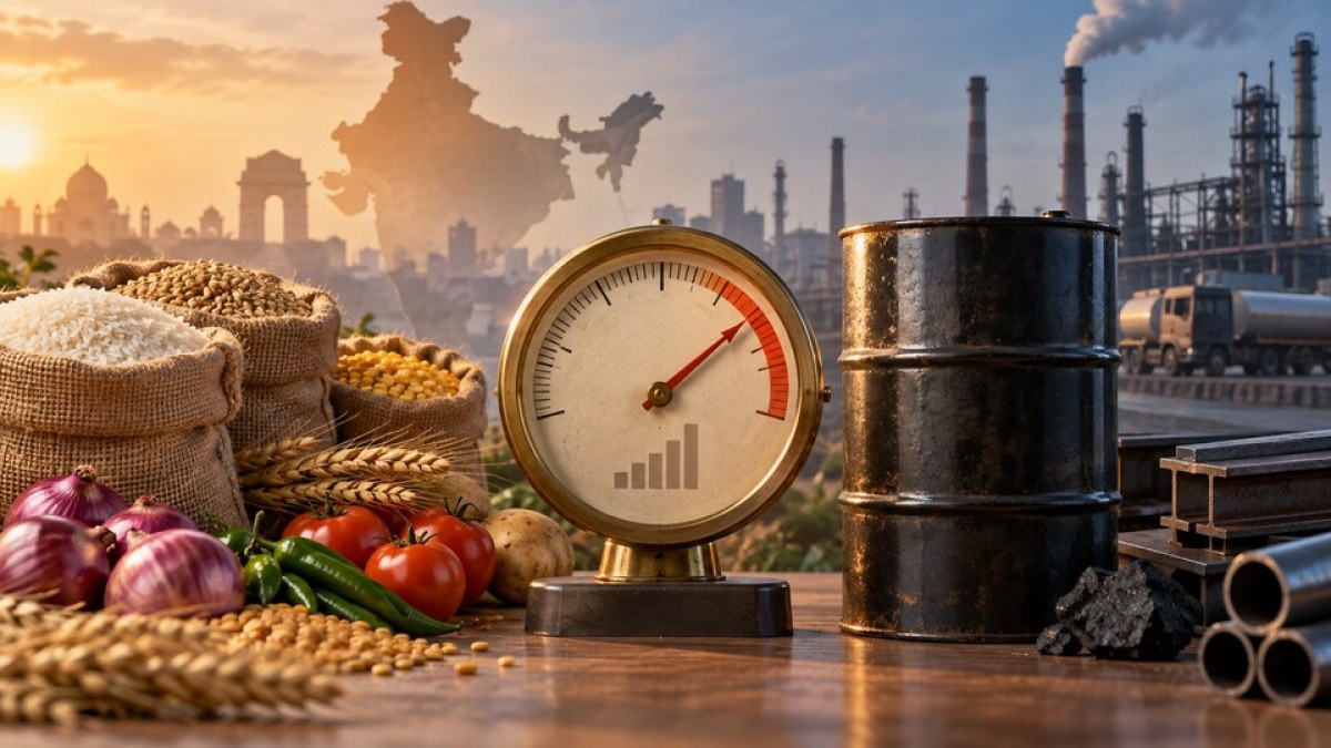 Conceptual editorial image of Indian food staples, an oil barrel and factories around a rising inflation gauge
