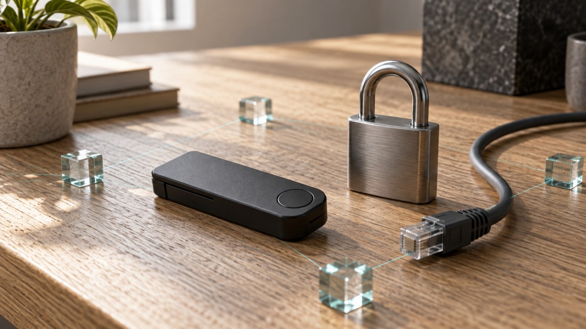 AI-generated conceptual still life of a hardware wallet, padlock and subtle linked glass cubes; not an actual incident photograph.