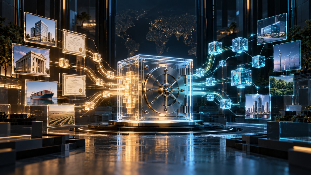 AI-generated conceptual illustration of institutional assets flowing through blockchain rails into a secure digital vault.