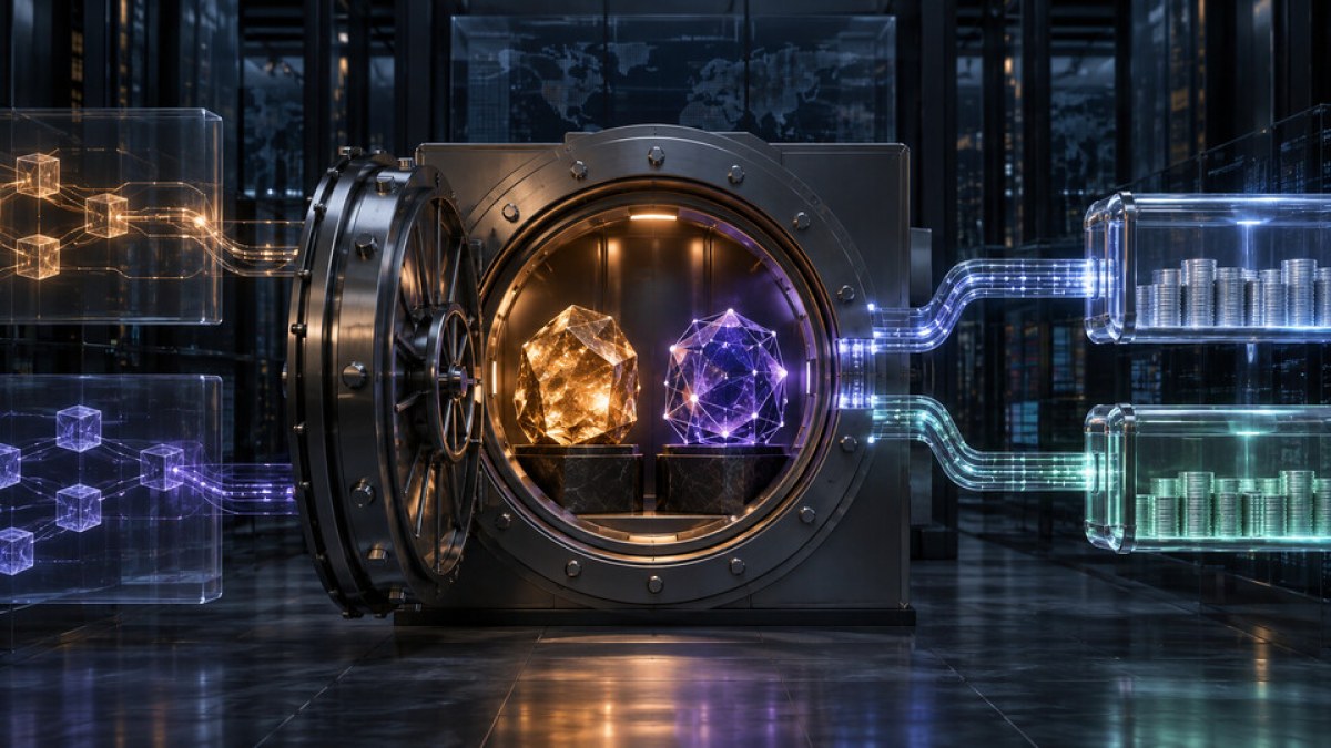 AI-generated conceptual image of HYPE and bitcoin collateral secured in a digital vault linked to stablecoin liquidity channels.