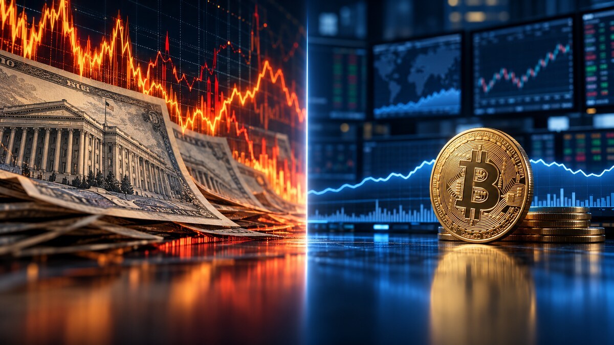 AI-generated conceptual illustration contrasting turbulent U.S. Treasury markets with subdued bitcoin options volatility.