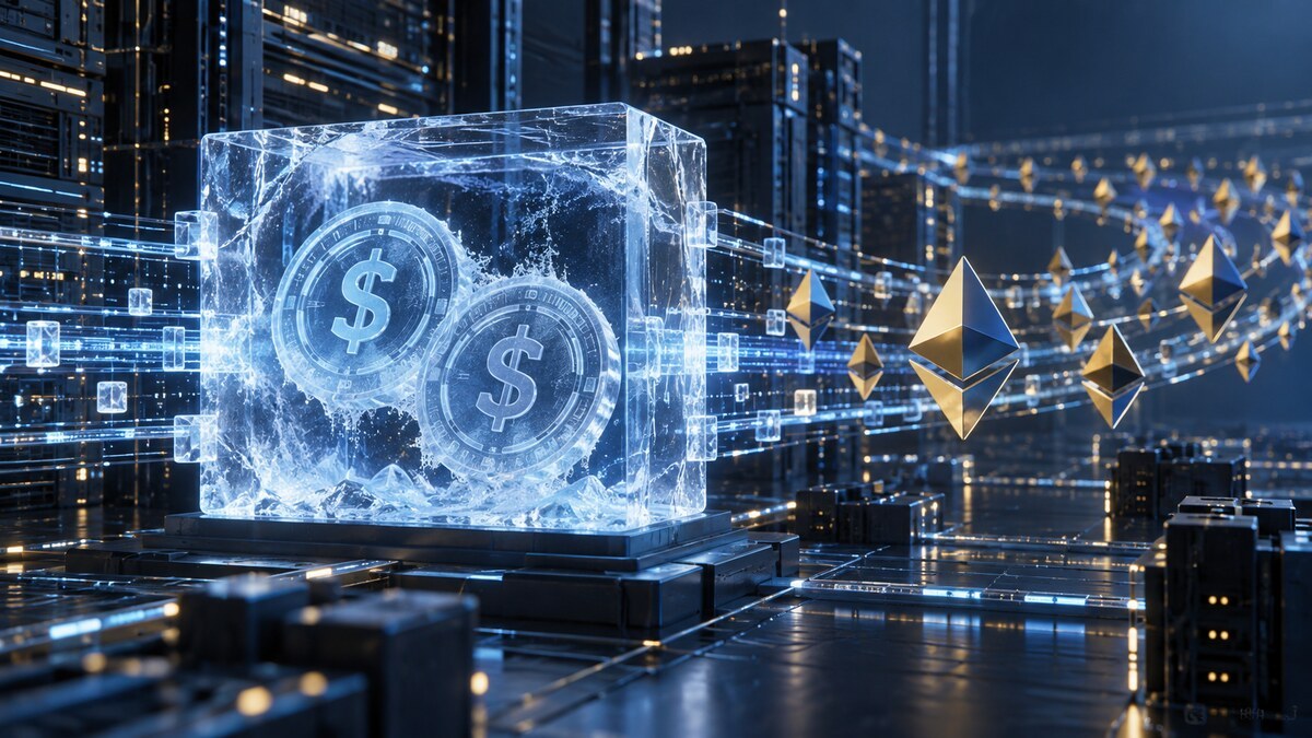 Digital dollar tokens contained in ice while ether-like assets move across a blockchain network