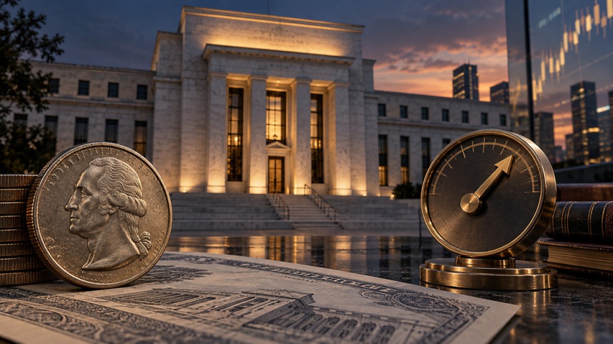 Conceptual editorial image of a U.S. dollar coin, an upward rate dial and a neoclassical central-bank building at dusk.