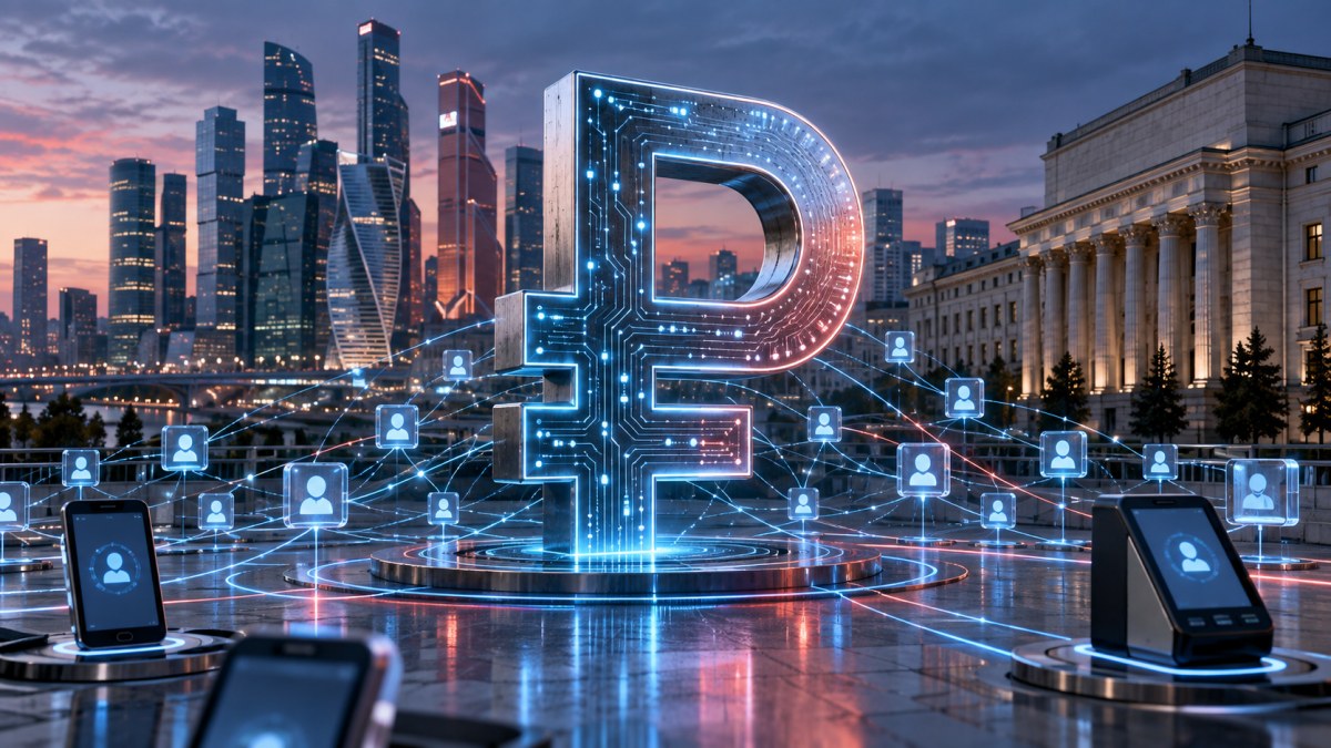 AI-generated illustration of a digital rouble symbol connecting a network of payment accounts in Moscow