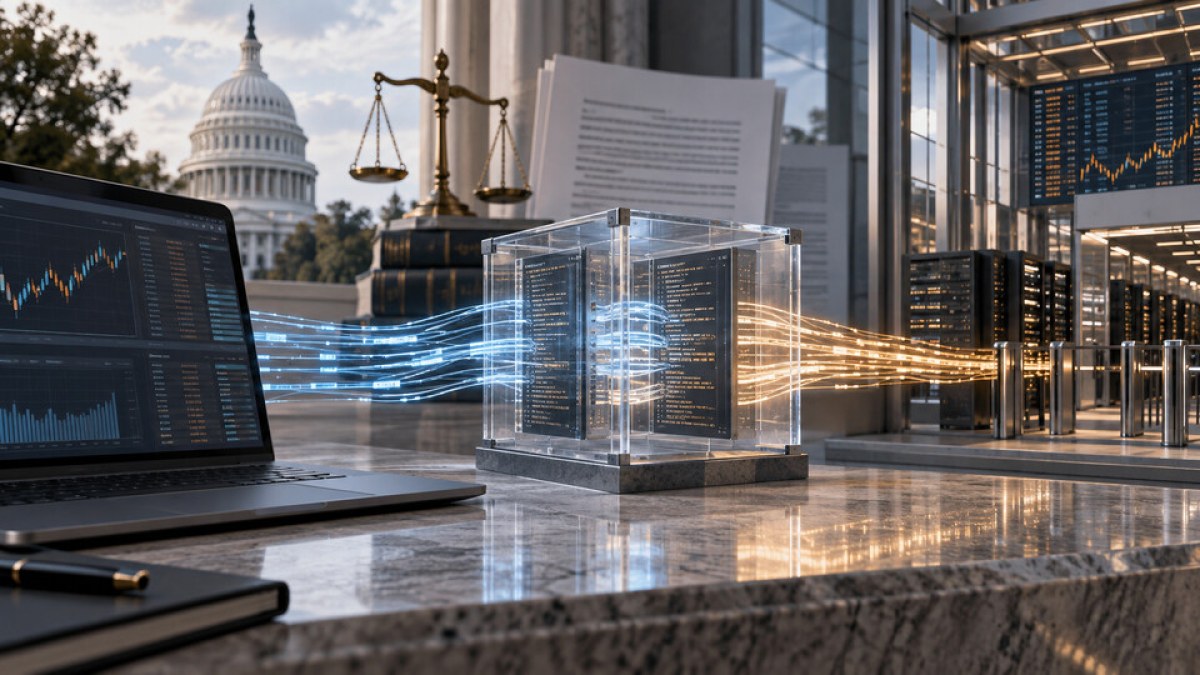 Conceptual editorial image of a transparent software gateway carrying market data between a trading screen and regulated infrastructure near the U.S. Capitol.