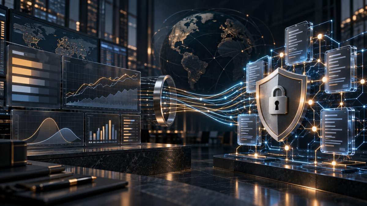 Conceptual editorial illustration linking institutional risk dashboards with a secured smart-contract network through verified data flows.