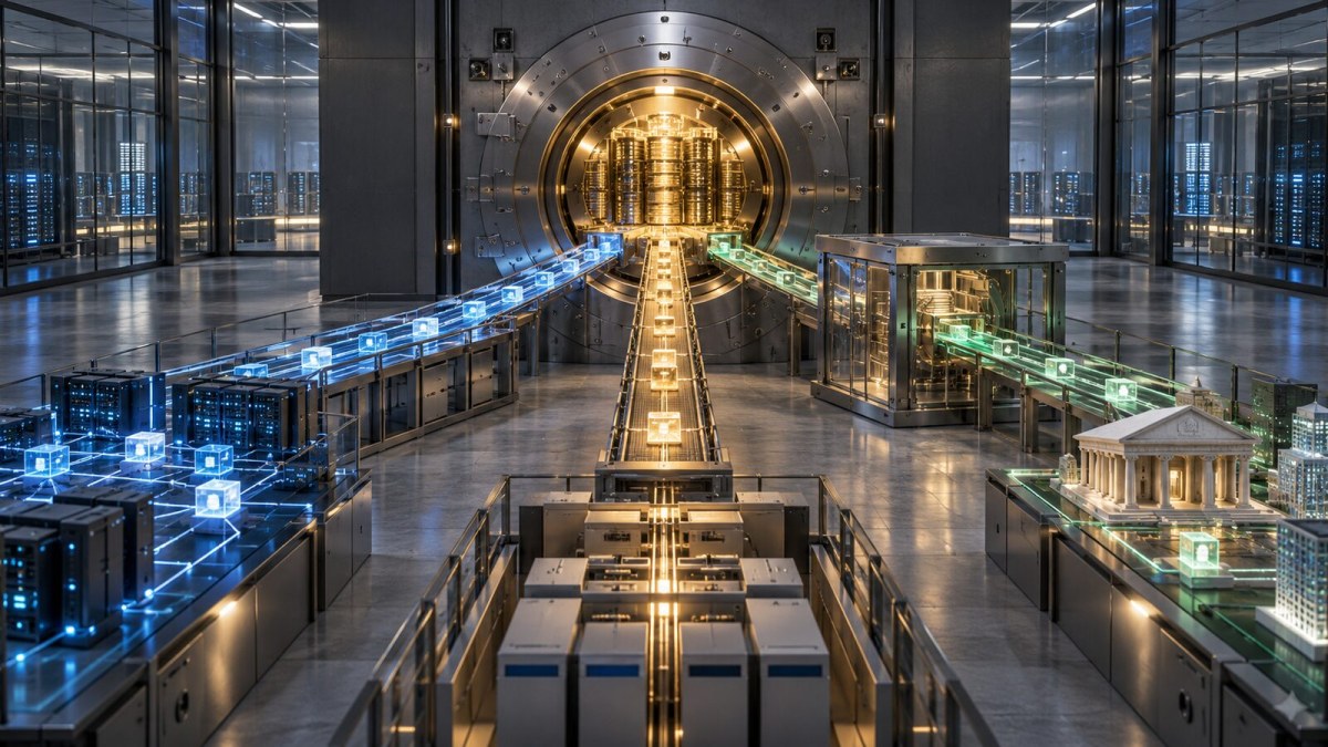 AI-generated conceptual image of three digital settlement routes linking a secure central reserve vault to tokenized financial infrastructure