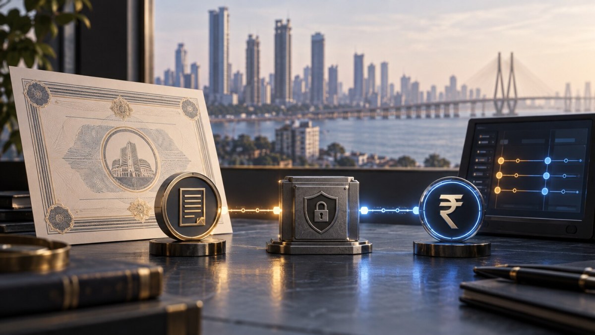 A conceptual Indian bond token and digital rupee settlement signal meeting at a secure ledger checkpoint