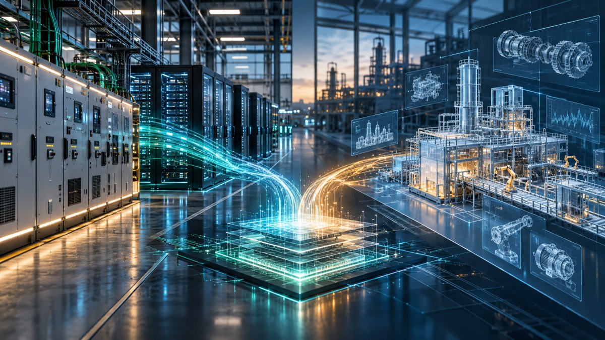AI-generated conceptual illustration of electrical infrastructure and industrial design software converging into one technology platform