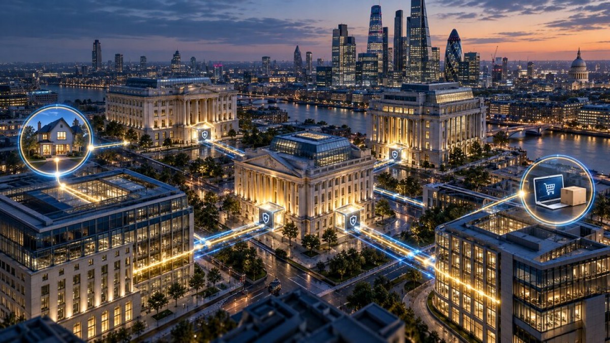 Conceptual London banking network connecting mortgage and marketplace payments through secure digital rails