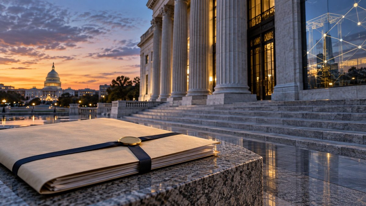 AI-generated editorial image of a federal courthouse and legal complaint symbolizing a dispute over crypto bank charters