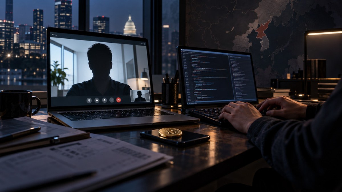 AI-generated illustration of an anonymous remote interview beside a separate operator, code screen and crypto token