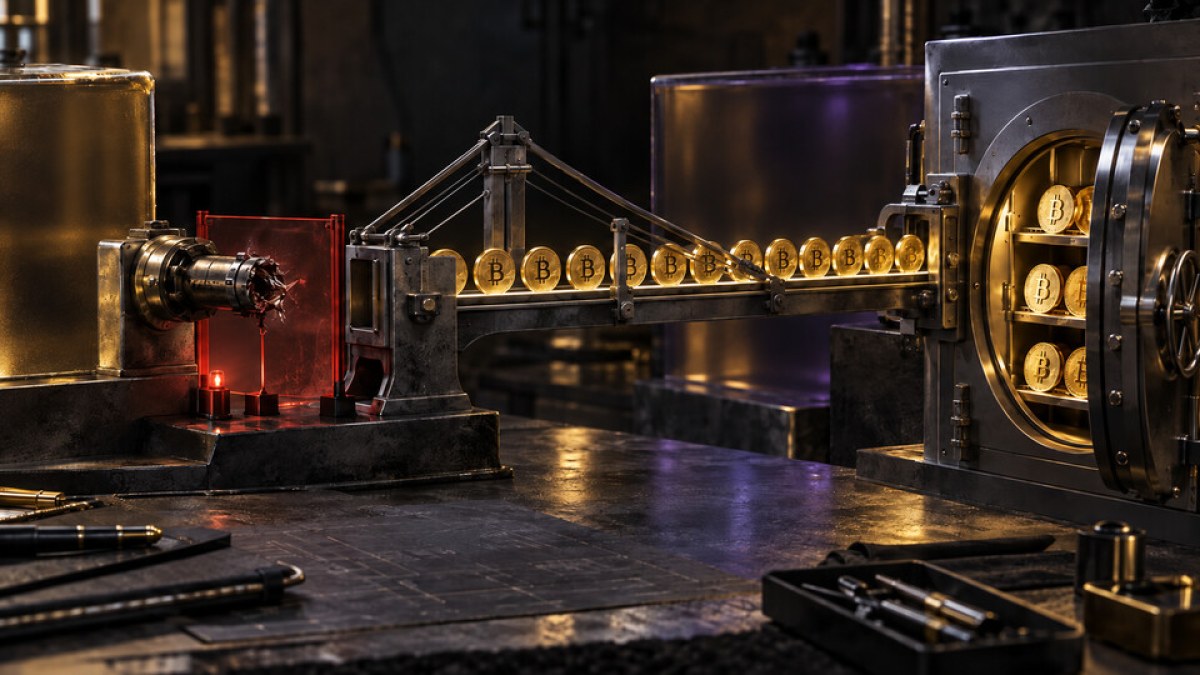 Conceptual editorial image of recovered Bitcoin moving from an isolated bridge connector into a secure multisignature vault