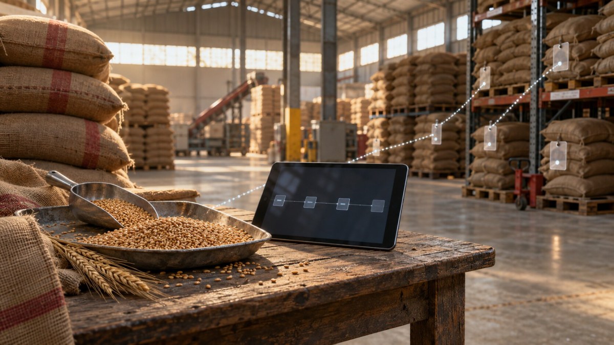 Grain samples and a tablet showing a conceptual ledger inside a naturally lit agricultural warehouse