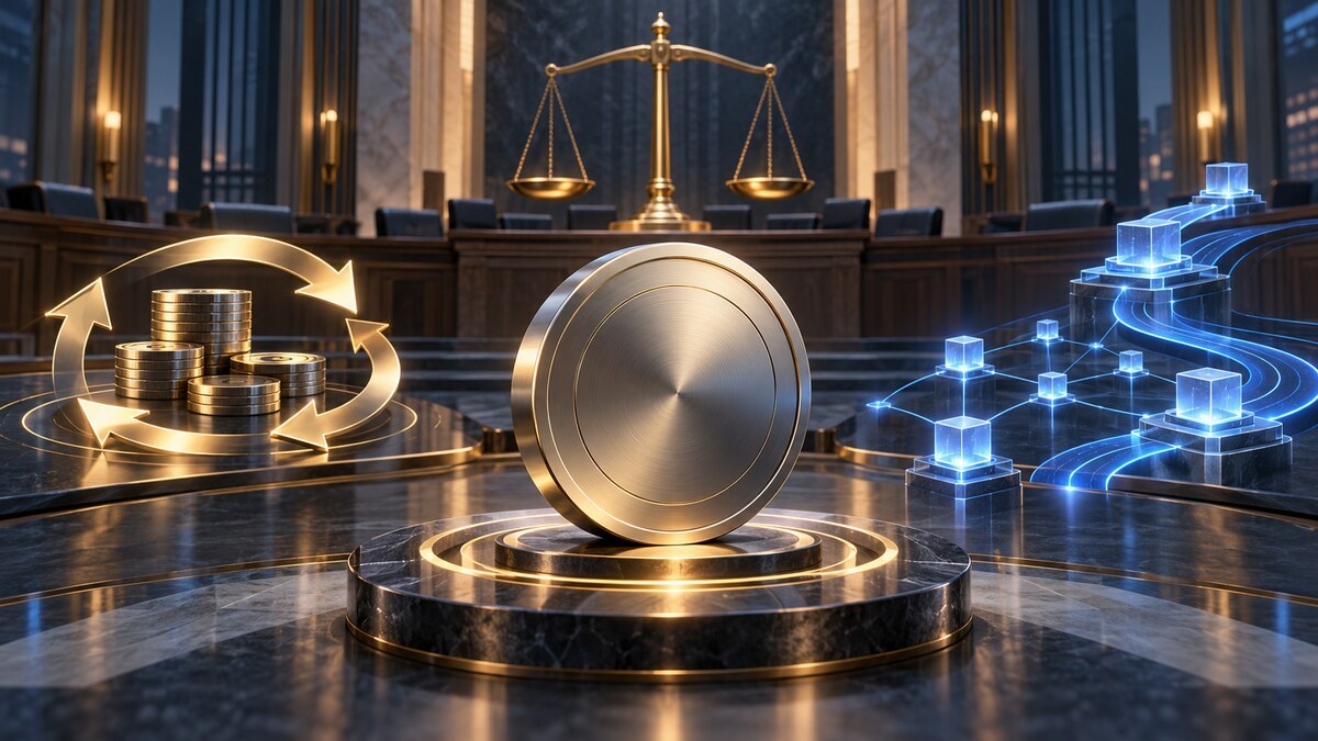 Conceptual regulatory scale assessing a crypto token beside a buyback loop and an upgraded blockchain network