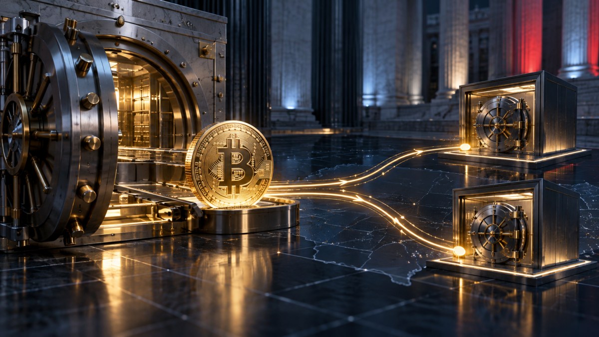 Conceptual illustration of Bitcoin moving from a secure institutional vault toward two unlabeled digital custody vaults.