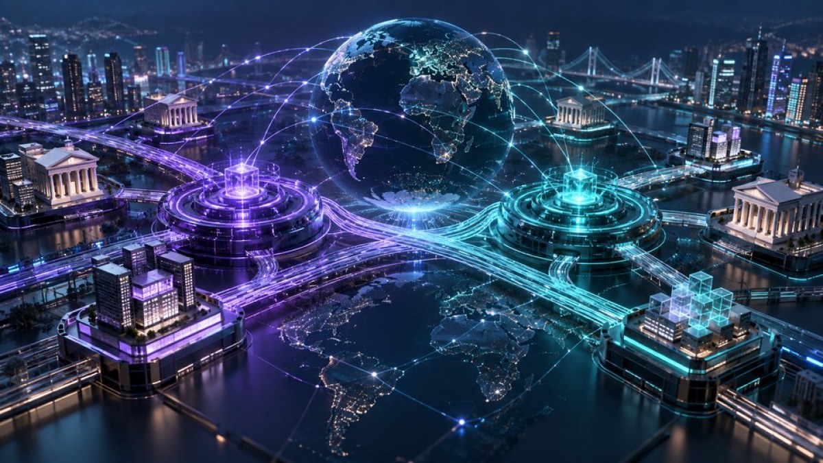 Conceptual global financial network linking institutions through violet and teal blockchain payment rails